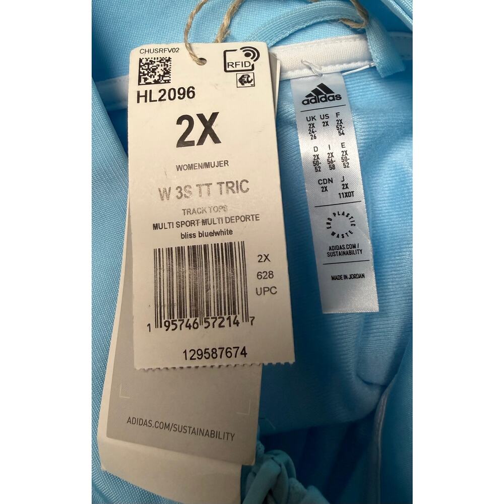 Adidas Track Jacket Womens 2X Blue 3 Stripe Full Zip Athletic Primegreen New - Picture 6 of 10